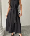 KETEN ELBİSE KOLSUZ BEL BAĞLAMALI MAXİ ELBİSE - Siyah