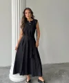 KETEN ELBİSE KOLSUZ BEL BAĞLAMALI MAXİ ELBİSE - Siyah
