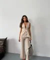 KETEN GOLD DÜĞMELİ YELEK - PANTOLON TK - Bej