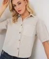 Keten Görünümlü Crop Gömlek 20339 - Krem