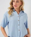 Keten Görünümlü Crop Gömlek 20339 - Mavi