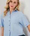 Keten Görünümlü Crop Gömlek 20339 - Mavi