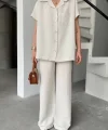 Keten Kısa Kollu Cepli Gömlek Pantolon Ikili Takım - Beyaz
