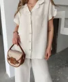 Keten Kısa Kollu Cepli Gömlek Pantolon Ikili Takım - Beyaz
