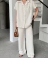 Keten Kısa Kollu Cepli Gömlek Pantolon Ikili Takım - Beyaz