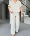 Keten Kısa Kollu Gömlek Pantolon ikili Kısa İlik Düğmeli Bol Paça Takım - Beyaz