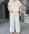 Keten Kısa Kollu Gömlek Pantolon ikili Kısa İlik Düğmeli Bol Paça Takım - Beyaz