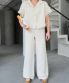 Keten Kısa Kollu Gömlek Pantolon Ikili Takım - Beyaz