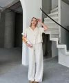 Keten Kısa Kollu Gömlek Pantolon Ikili Takım - Beyaz