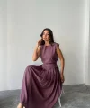 KETEN KOLSUZ BLUZ - MAXİ ETEK TAKIM - Mor