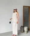 Keten Kolsuz Hırka Etek Ikili Takım- Beyaz