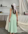 KETEN KOLSUZ KARE YAKA DÜĞME DETAYLI ELBİSE - Mint