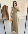 Keten Kolsuz Uzun Sırtı Kapalı Bisiklet Yaka Elbise - Haki