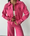 KETEN PÜSKÜL DETAYLI GÖMLEK-PANTOLON TAKIM - Fuşya