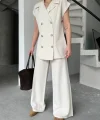 Keten Sıfır Kol Blezer Ceket Pantolon Ikili Takım- Beyaz