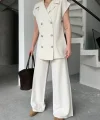 Keten Sıfır Kol Blezer Ceket Pantolon ikili Takım- Beyaz