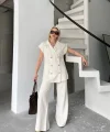 Keten Sıfır Kol Blezer Ceket Pantolon ikili Takım- Beyaz