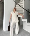 Keten Sıfır Kol Blezer Ceket Pantolon Ikili Takım- Beyaz