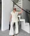 Keten Sıfır Kol Blezer Ceket Pantolon Ikili Takım- Beyaz