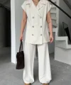 Keten Sıfır Kol Blezer Ceket Pantolon ikili Takım- Beyaz