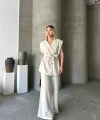 Keten Sıfır Kol Kuşaklı Ceket Pantolon ikili Takım - Beyaz