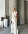 Keten Sıfır Kol Kuşaklı Ceket Pantolon ikili Takım - Beyaz