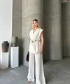 Keten Sıfır Kol Kuşaklı Ceket Pantolon Ikili Takım - Beyaz