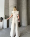 Keten Sıfır Kol Kuşaklı Ceket Pantolon ikili Takım - Beyaz