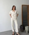 Keten Tam Fermuarlı Kısa Kollu Gömlek Pantolon Ikili Takım - Beyaz