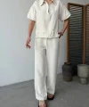 Keten Tam Fermuarlı Kısa Kollu Gömlek Pantolon Ikili Takım - Beyaz