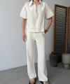 Keten Tam Fermuarlı Kısa kollu Gömlek Pantolon ikili Takım - Beyaz