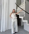 Keten Tam Fermuarlı Kolsuz Ceket Pantolon ikili Takım- Beyaz
