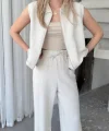 Keten Tam Fermuarlı Kolsuz Ceket Pantolon Ikili Takım- Beyaz
