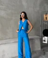 KETEN TEK DÜĞME YELEK-PANTOLON TAKIM - Mavi