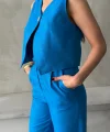 KETEN TEK DÜĞME YELEK-PANTOLON TAKIM - Mavi