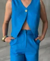 KETEN TEK DÜĞME YELEK-PANTOLON TAKIM - Mavi