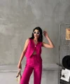 KETEN TEK DÜĞME YELEK-PANTOLON TAKIM - Pembe