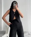KETEN TEK DÜĞME YELEK-PANTOLON TAKIM - Siyah