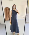 Keten Uzun Kolsuz Elbise- Mavi