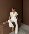 KETEN V YAKA BELDEN BAĞLAMALI BLUZ-PANTOLON TAKIM - Beyaz
