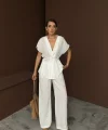 KETEN V YAKA BELDEN BAĞLAMALI BLUZ-PANTOLON TAKIM - Beyaz