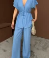 KETEN V YAKA BELDEN BAĞLAMALI BLUZ-PANTOLON TAKIM - Mavi