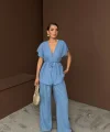 KETEN V YAKA BELDEN BAĞLAMALI BLUZ-PANTOLON TAKIM - Mavi