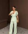 KETEN V YAKA BELDEN BAĞLAMALI BLUZ-PANTOLON TAKIM - Yeşil