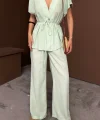 KETEN V YAKA BELDEN BAĞLAMALI BLUZ-PANTOLON TAKIM - Yeşil