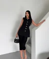 KETEN YELEK BELDEN OTURTMALI  SIRALI DÜĞME DETAYLI - Siyah