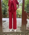 Kırmızı Askılı Büstiyer Ceket Ve Pantolon Takım