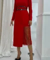 Kırmızı Eteği Püsküllü Atlas Elbise