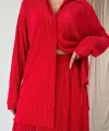 Kırmızı Fitilli Gömlek Ve Uzun Etek Takım