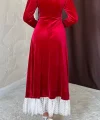 Kırmızı İnci Aksesuarlı Kadife Elbise
